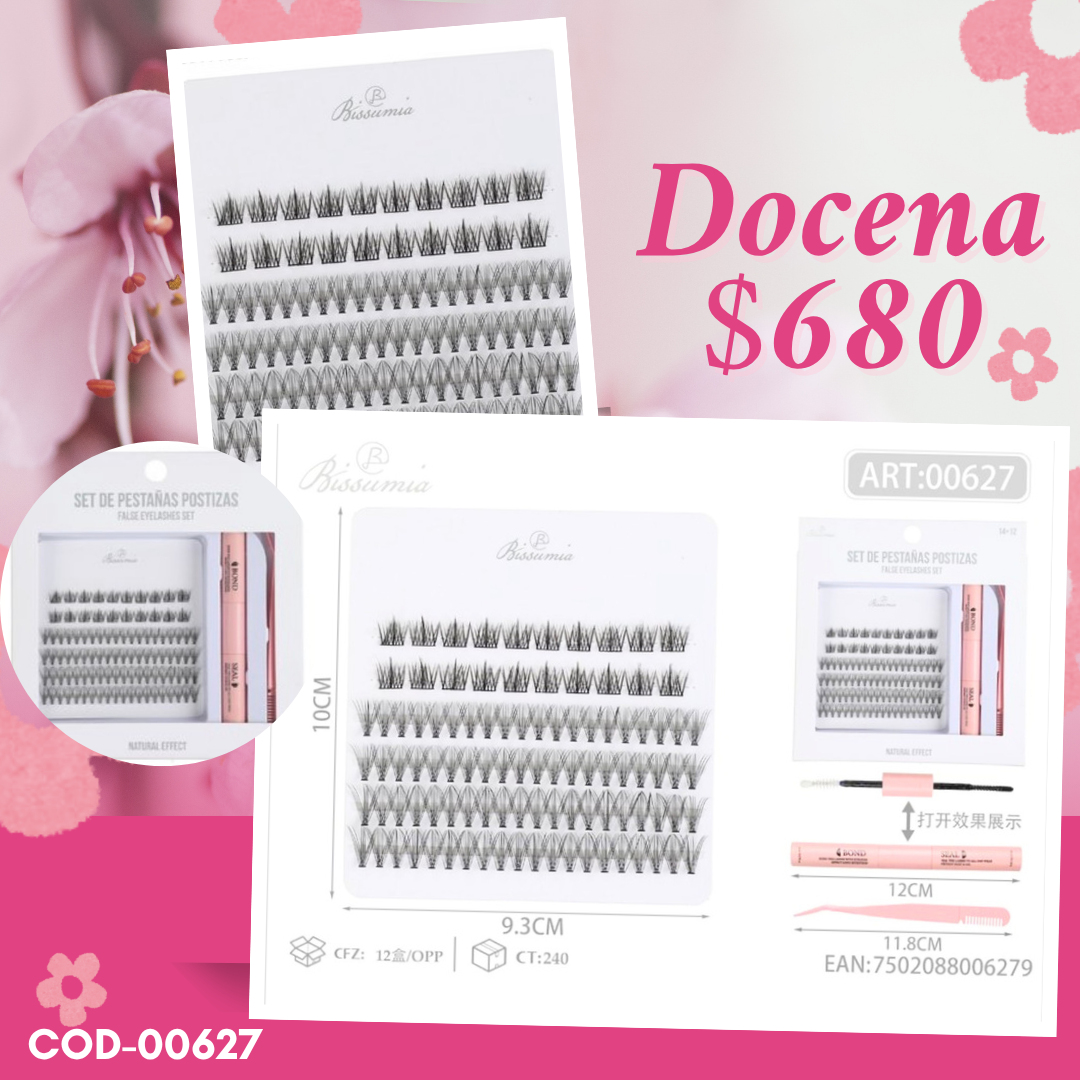 pestañas uno en uno, con pegamento y accesorios, docena, codigo 00627