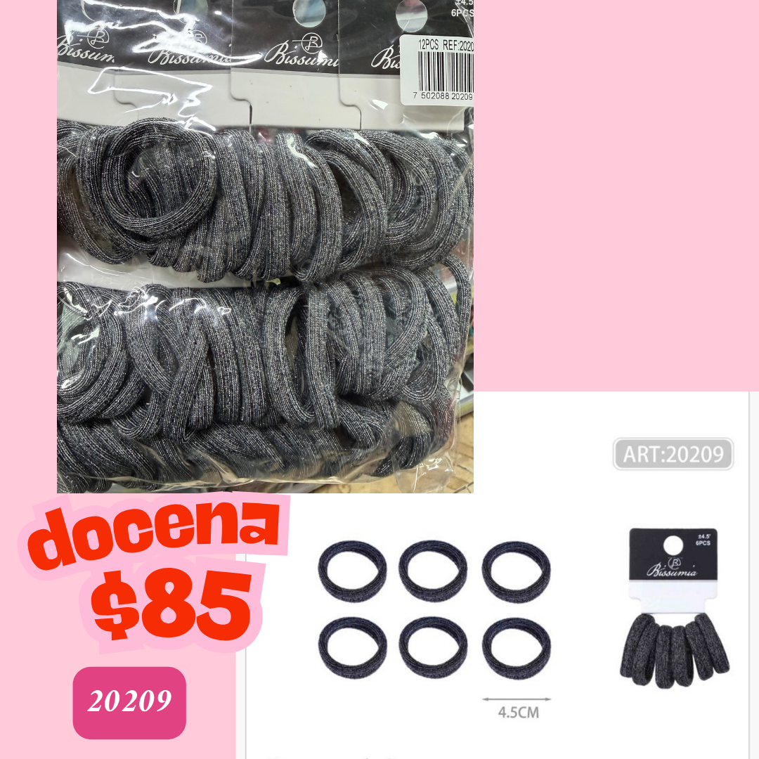ligas grises brillosas de 4.5 cm, 12 sets, codigo 20209