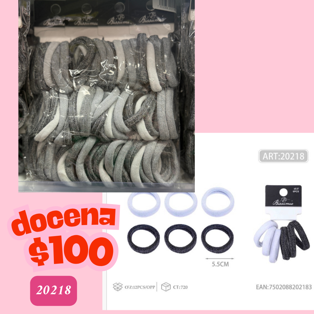 ligas brillosa en tonos grises de 5.5 cm, 12 sets, codigo 20218