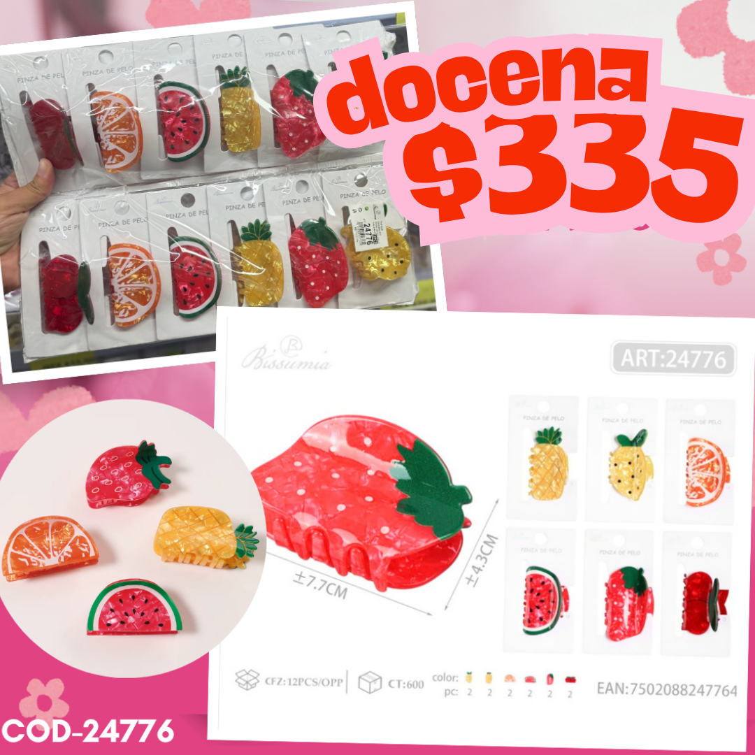 pinza de acrilico de frutas, variadas, docena, codigo 24776