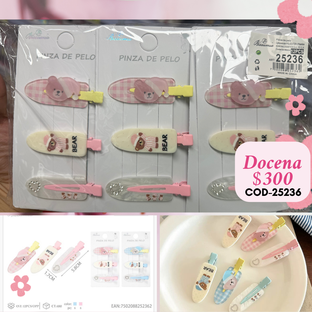 set de clips de ositos, docena, codigo 25236