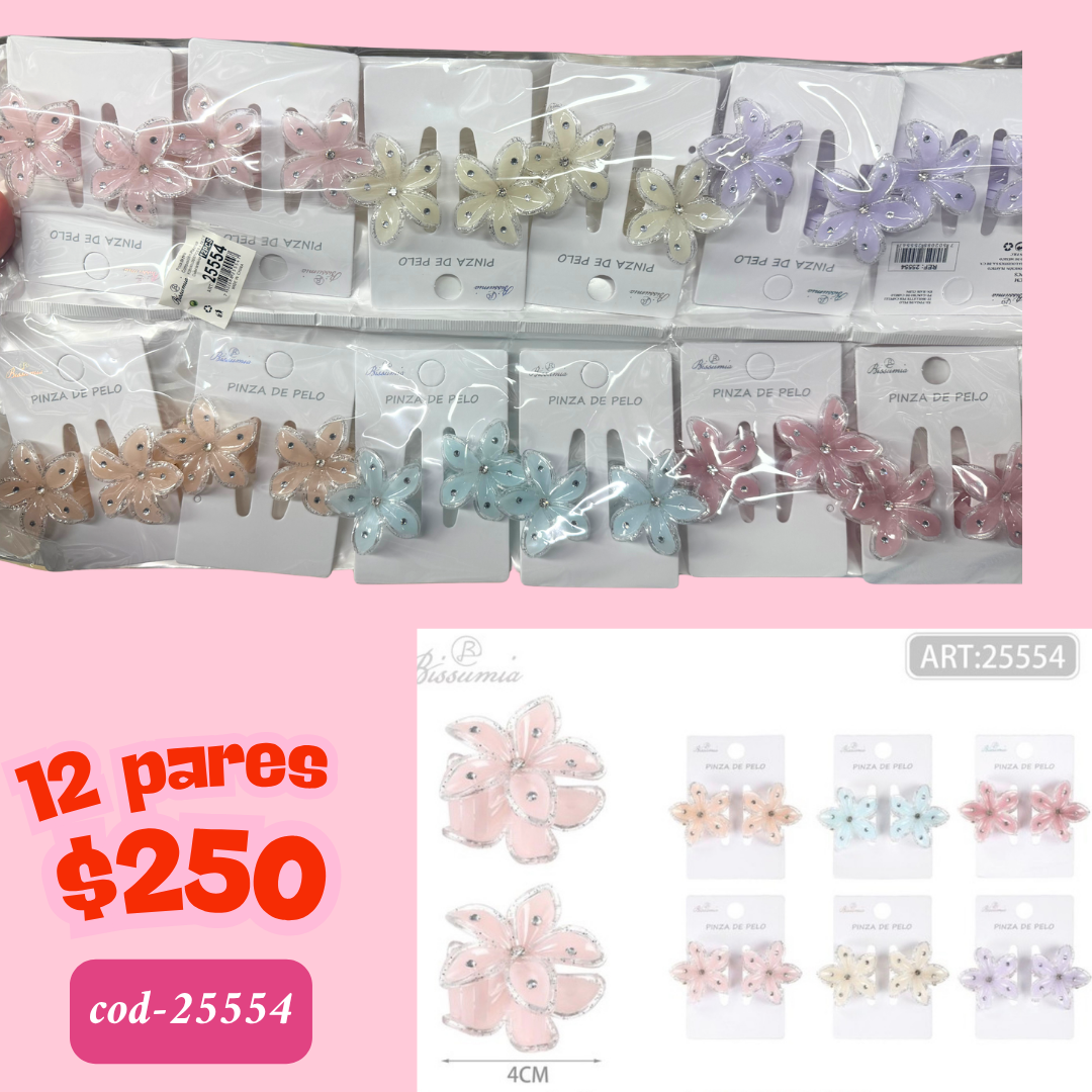 pinza hawaiana en pares con piedras, chicas, 12 pares, codigo 25554