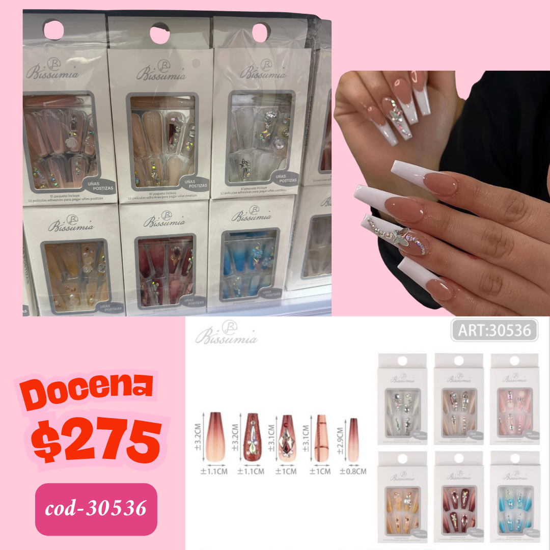 uñas con pedrería, docena, codigo 30536
