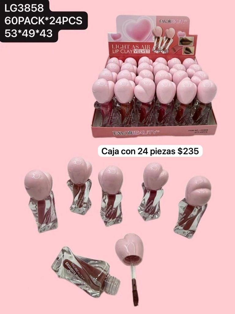 labial liquido con tapa de corazon, caja con 24 piezas, codigo lg3858