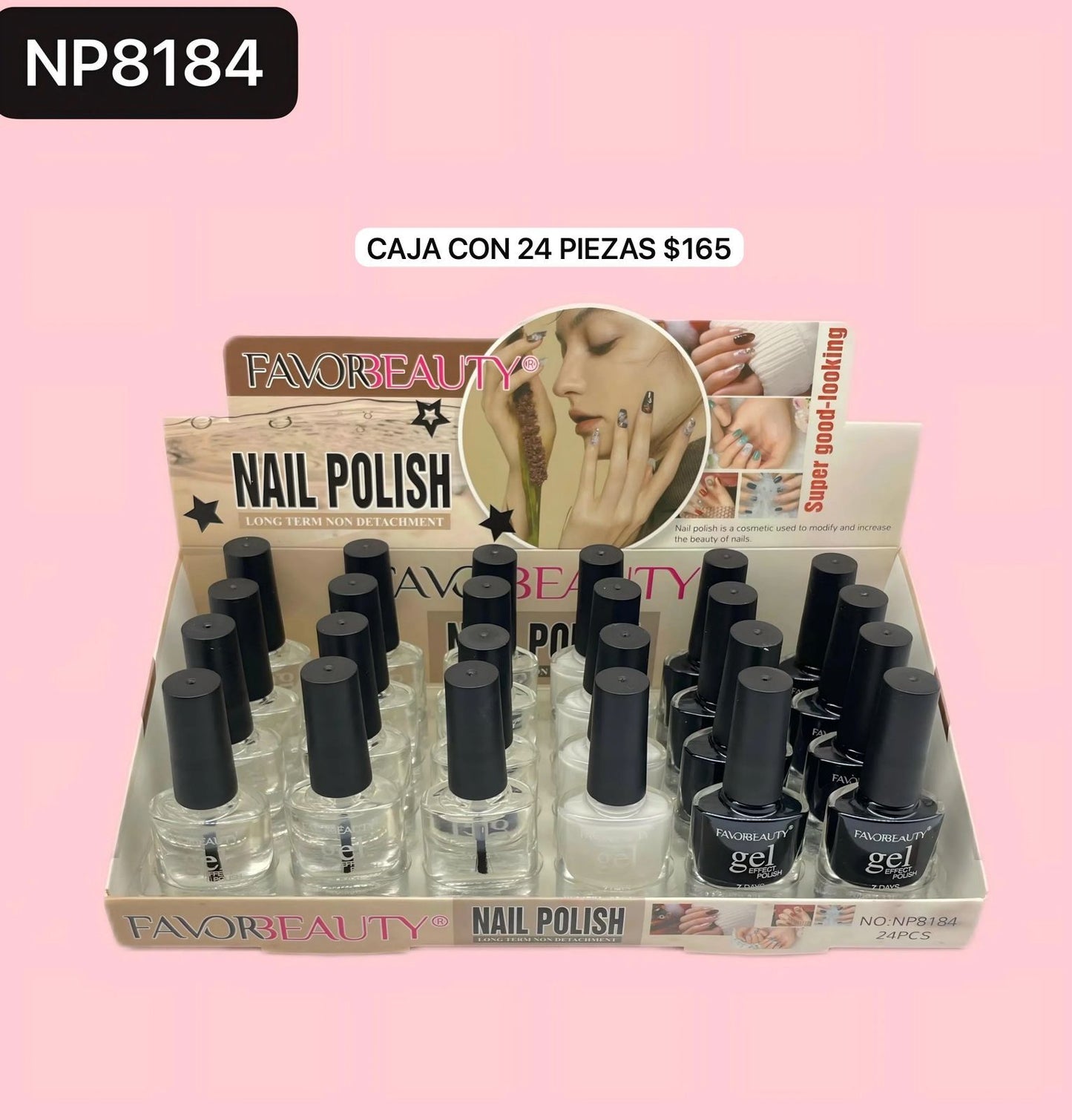 caja de 24 esmaltes, transparente, negro y blanco, codigo np8184