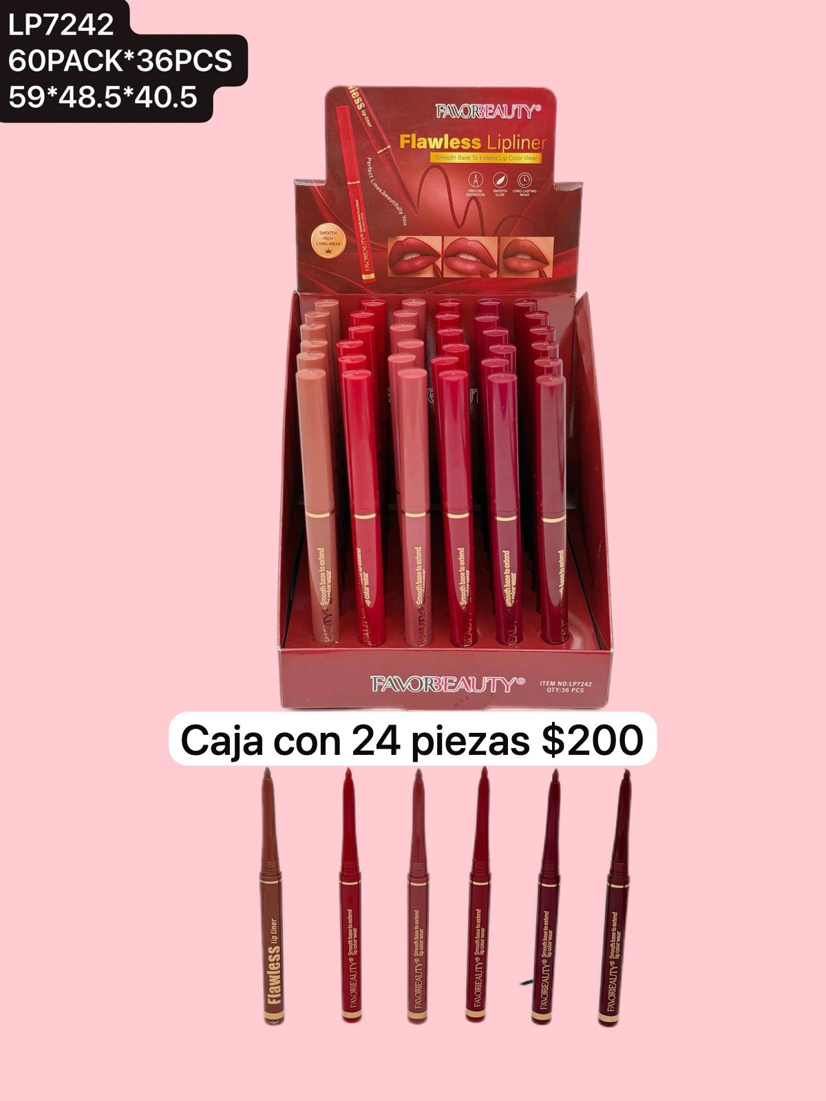 delineador para labios de colores, caja con 24 piezas, codigo LP7242