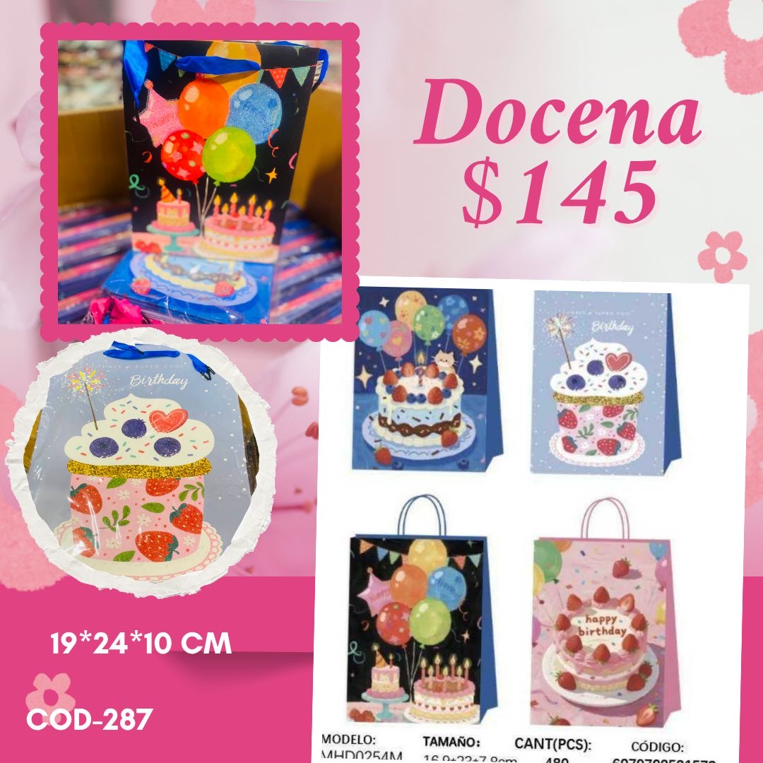 Bolsa de regalo globos y pastel, mide 19*24*10 cm, código a287