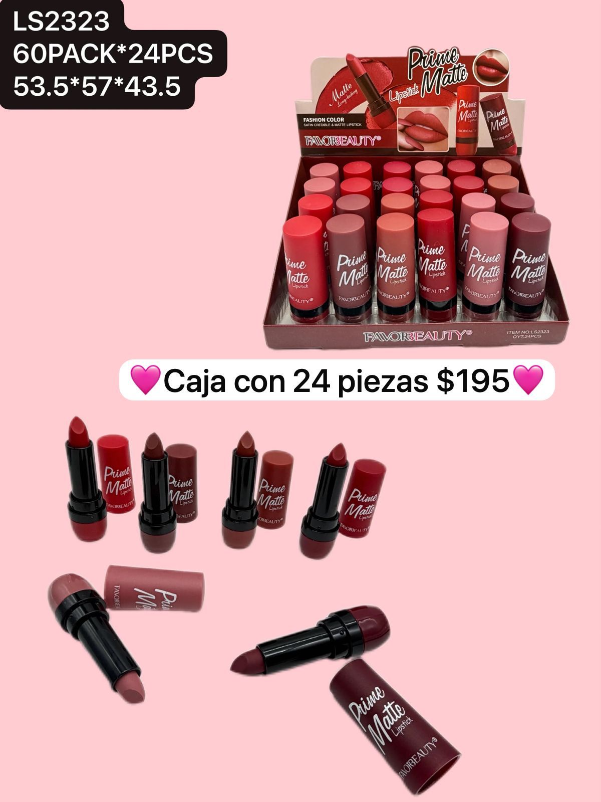 caja con 24 labiales en barra matte, codigo ls2323