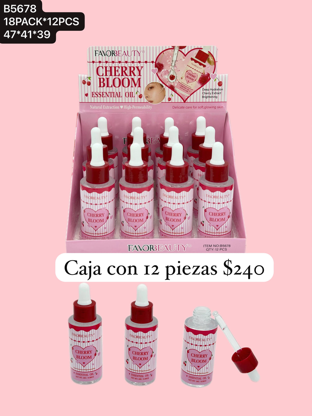 Aceite hidratante de cereza, para rostro, caja con 24 piezas, codigo B5678