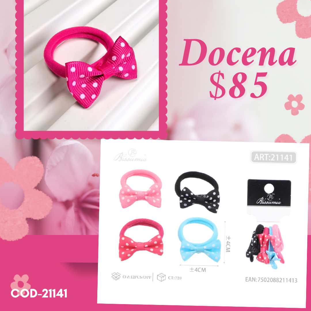 set de ligas de moños de colores, de 4 cm, 12 sets, codigo 21141