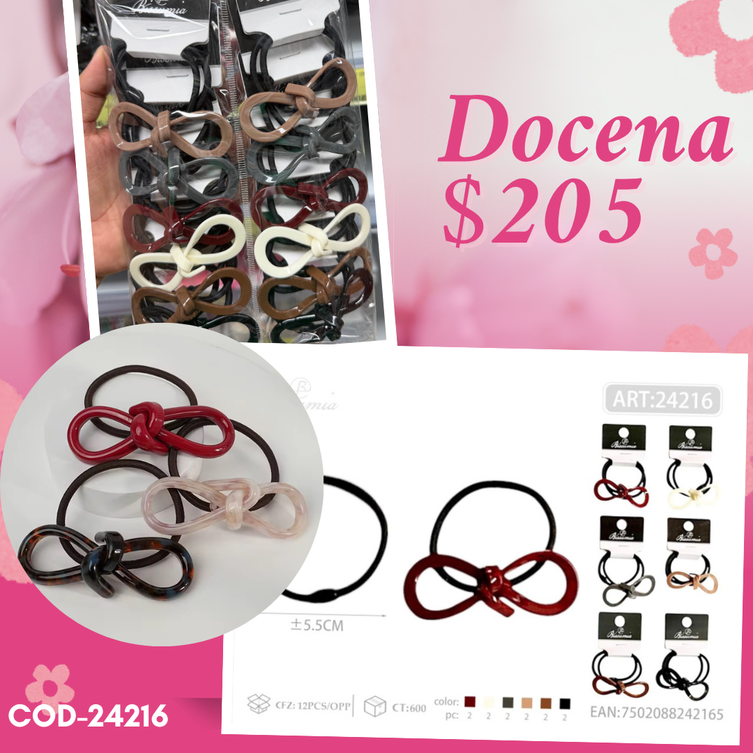 ligas con decoración. de moño de plástico, docena, codigo 24216