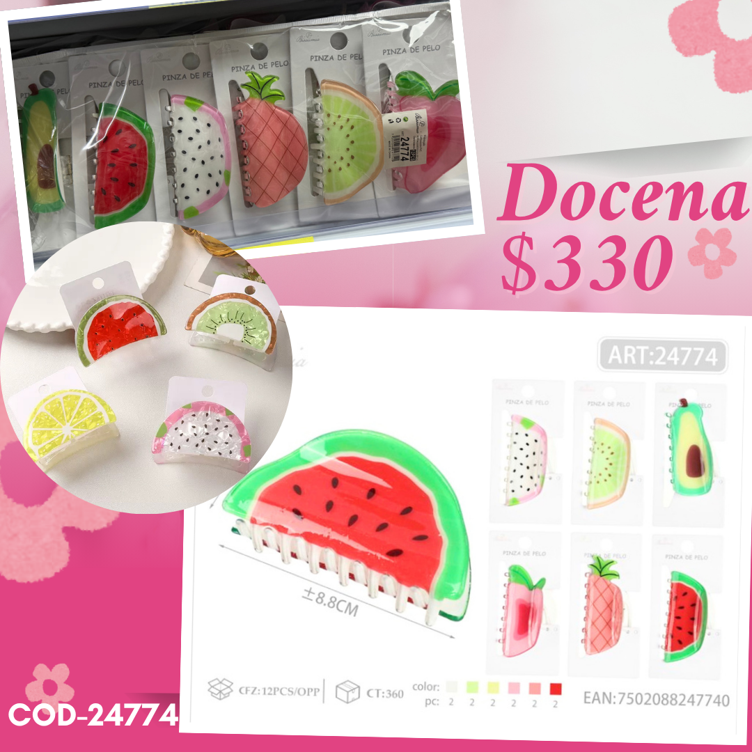 pinza de frutas variadas de acrilico, docena, codigo 24774