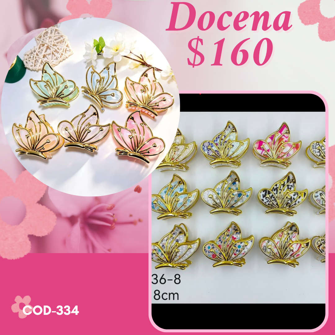 pinza de mariposa con diseños, docena, codigo a334