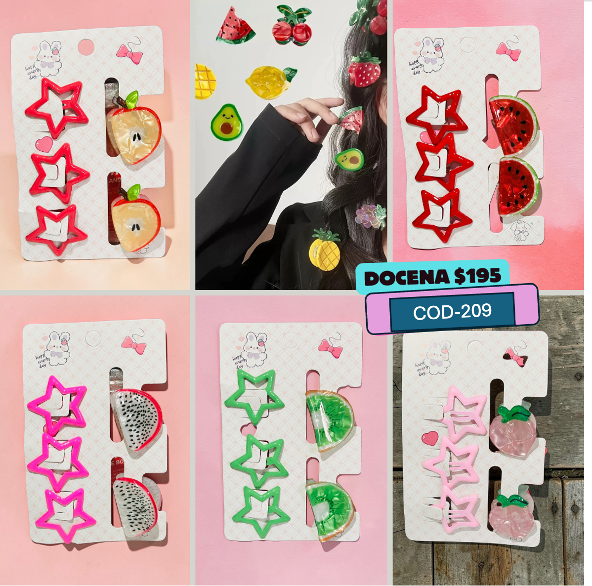 mini pinza de fruta con cucas de colores, codigo a209