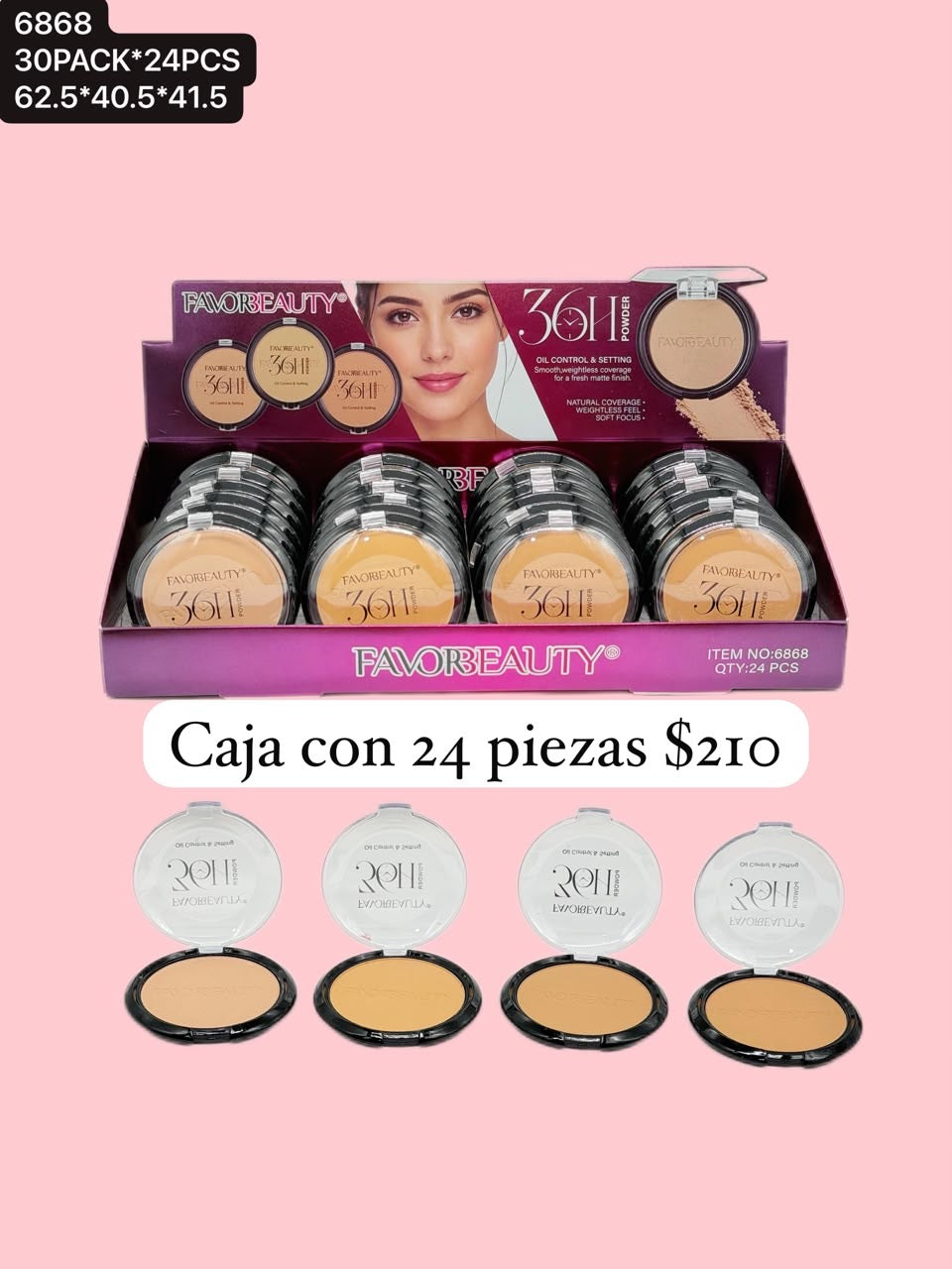 Polvo compacto, larga duración, caja con 24 piezas, codigo 6868