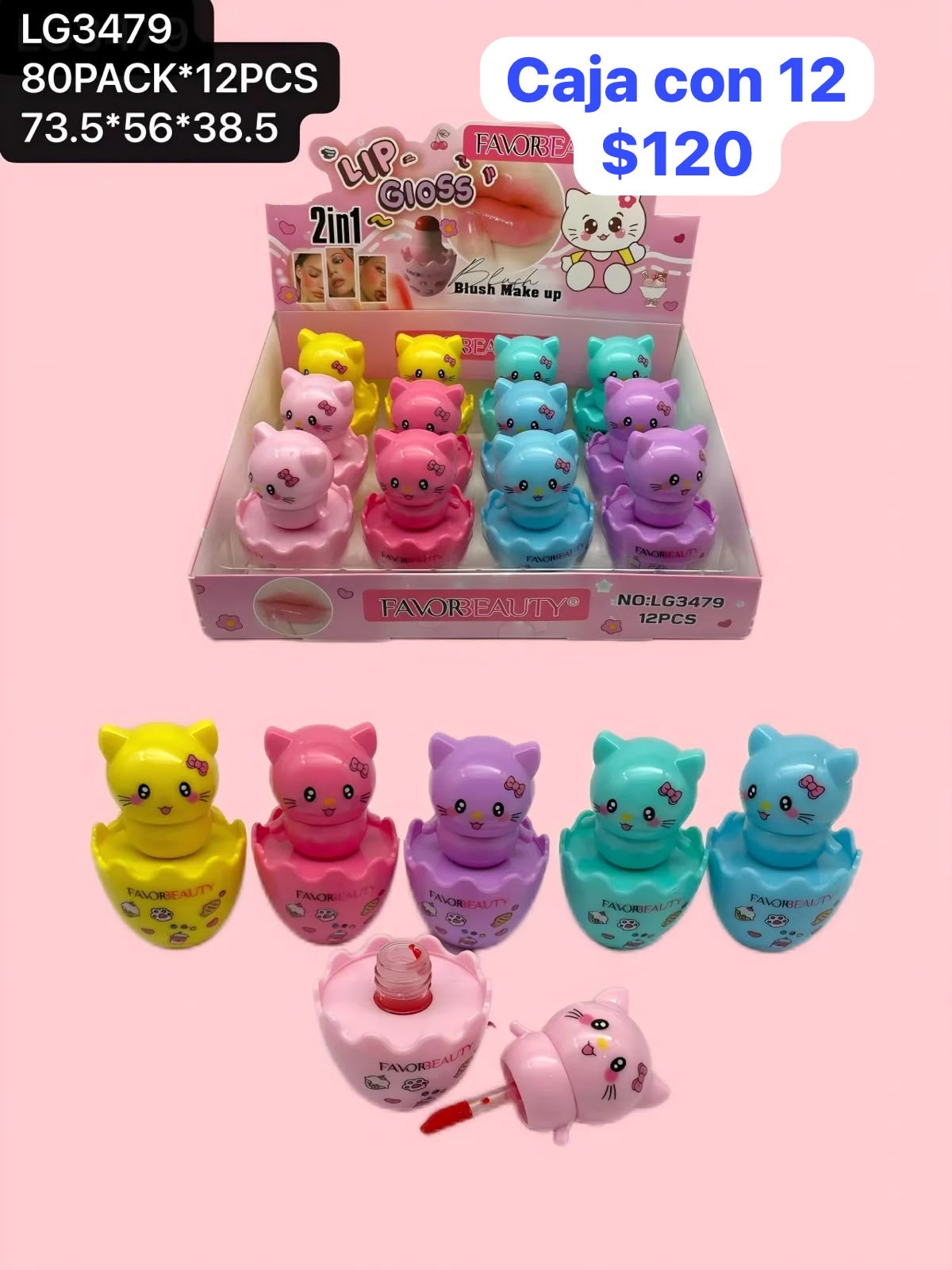 caja con 12 ositos, 2 en 1, rubor y labial, codigo lg3479