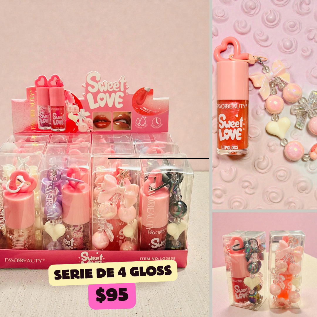 set de 4 gloss con llavero corazon, codigo a194
