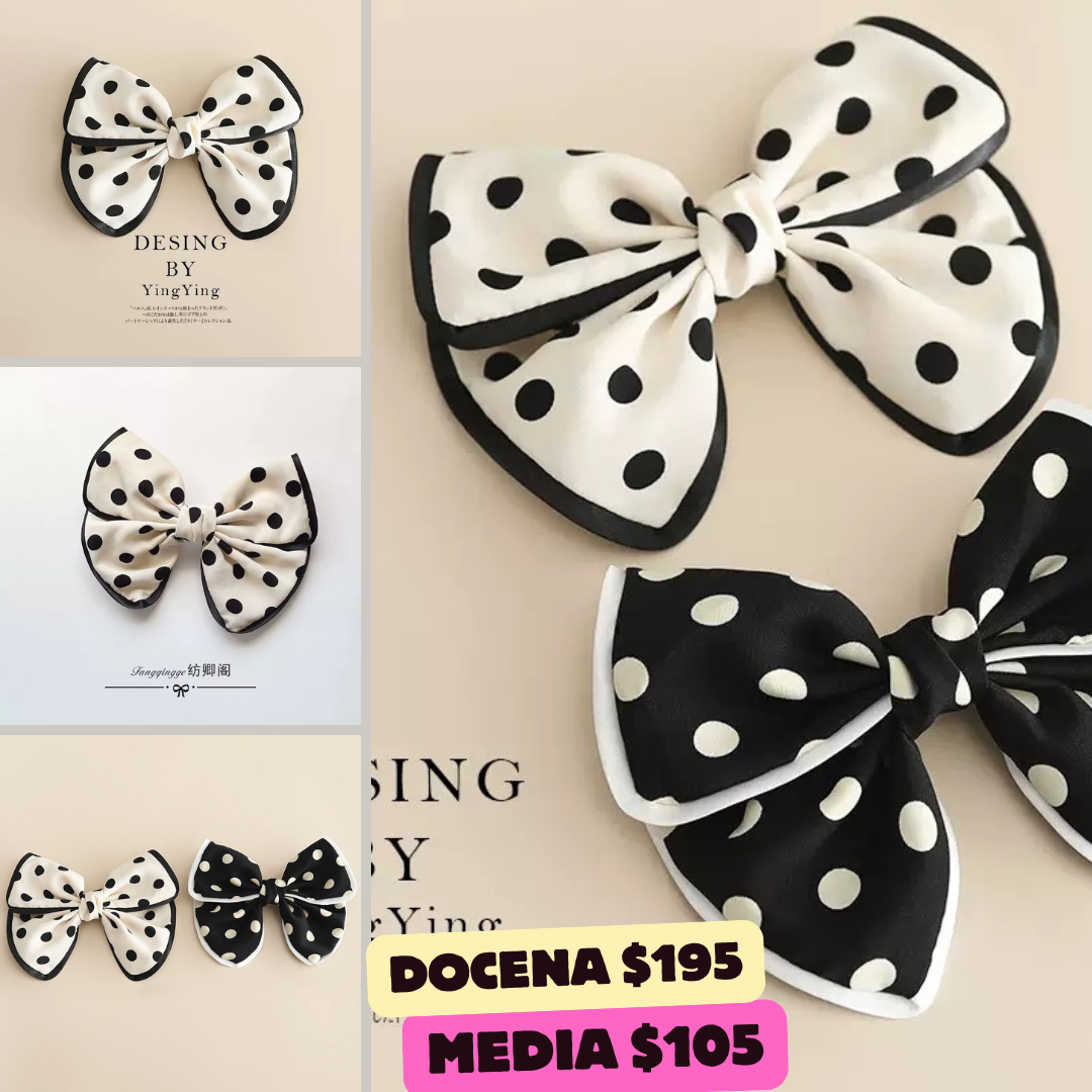 Moño blanco y negro mediano con bolitas, codigo a54