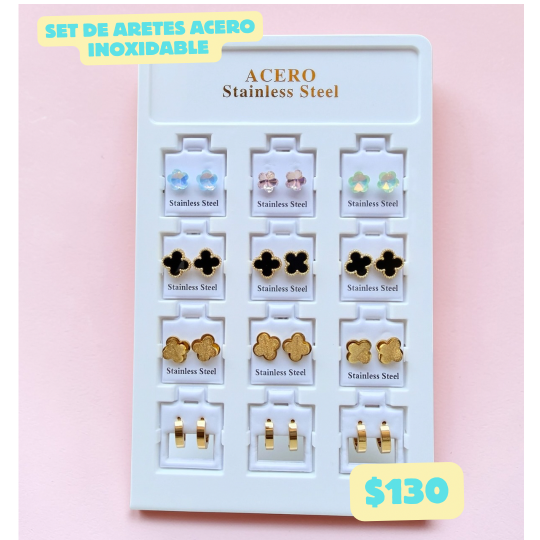 set de 12 pares de aretes de acero inoxidable, codigo a5