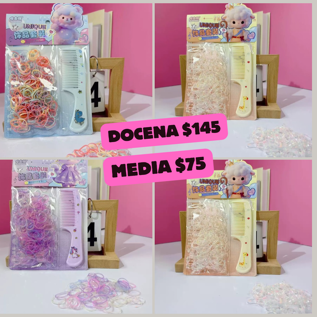 ligas latex con peines, variedad de colores, codigo a242