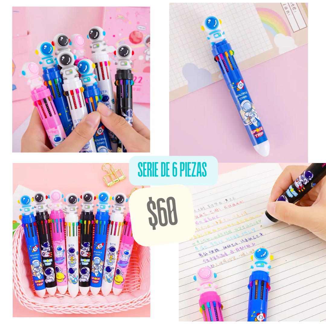 Serie de 6 plumas de colores, unicornio o astronauta, codigo a144