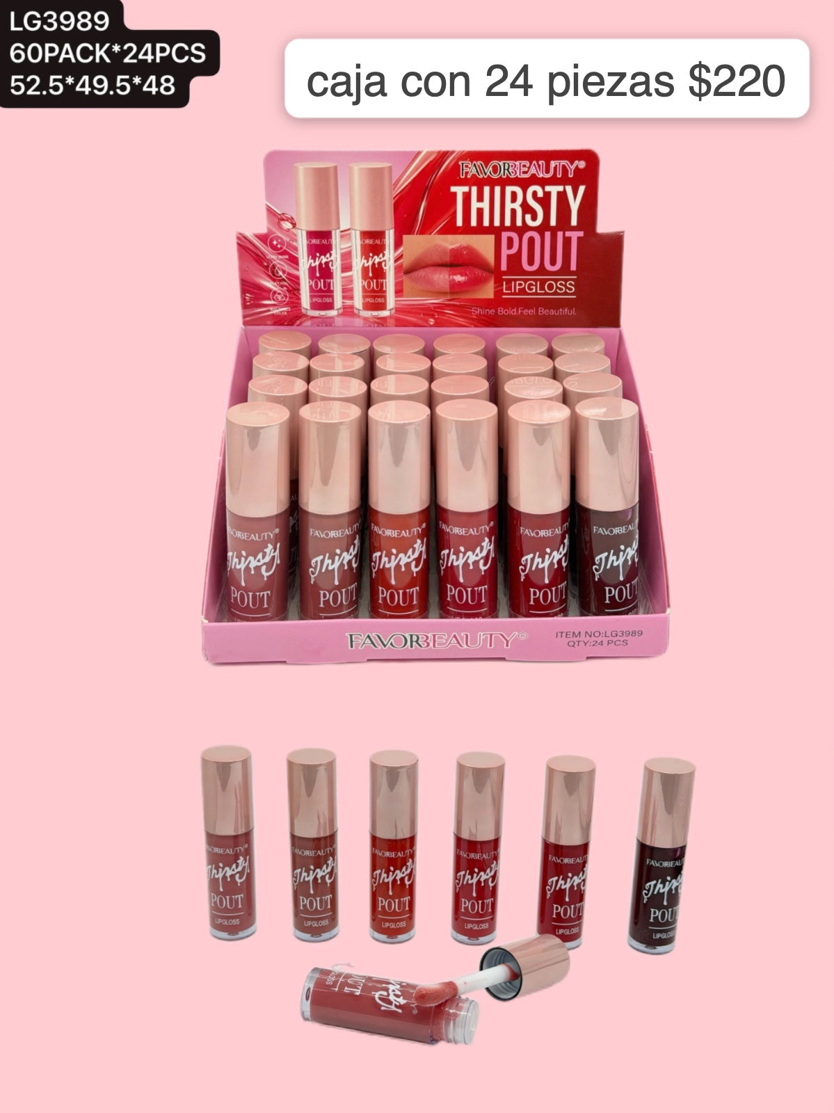 lip gloss con color, caja con 24 piezas, codigo lg3989