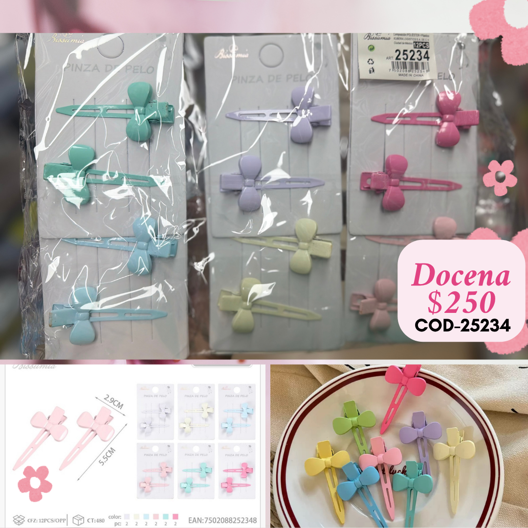 picos de metal con forma de moño, colores pastel, en set, docena, codigo 25234