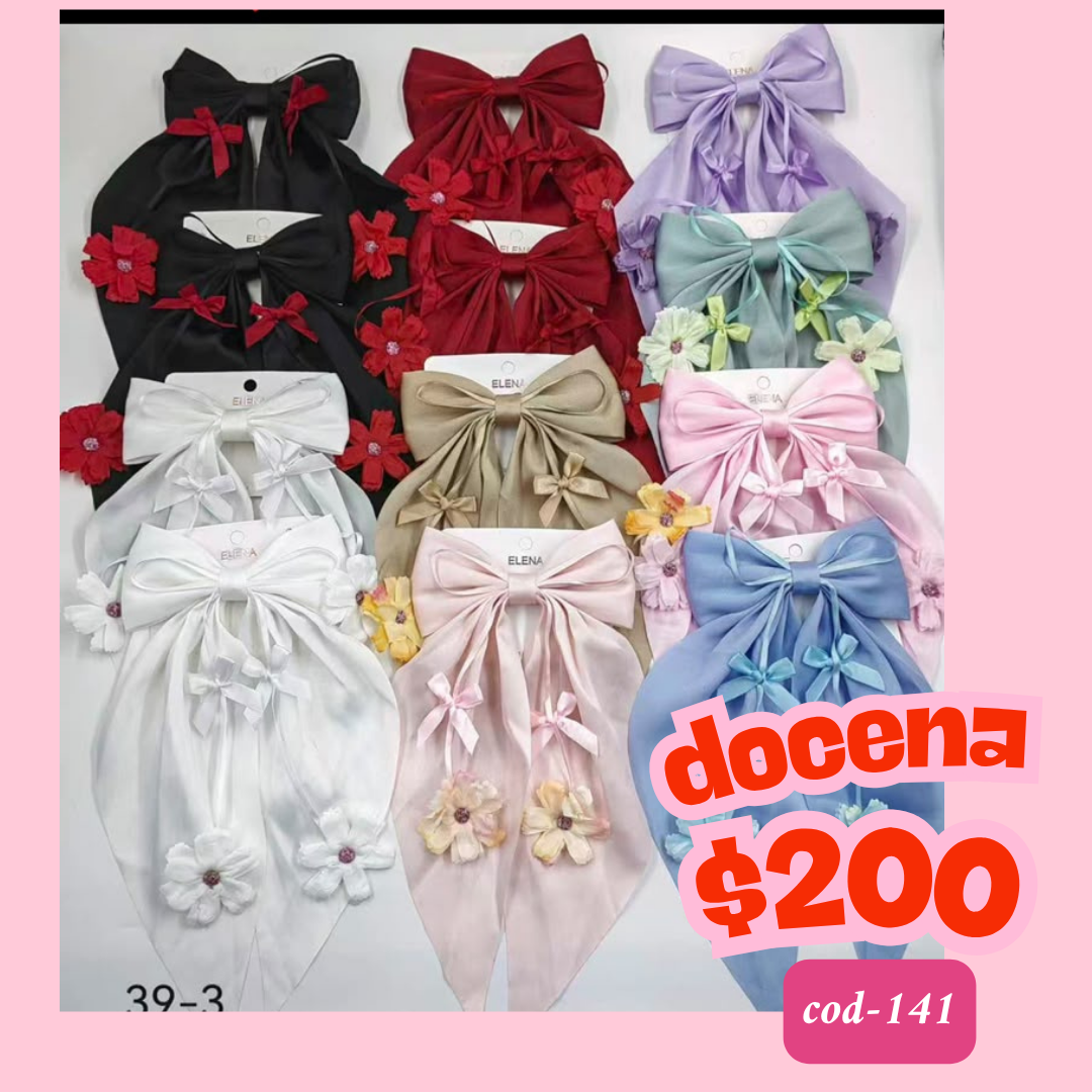 Moño con flor colgando, docena, codigo a141