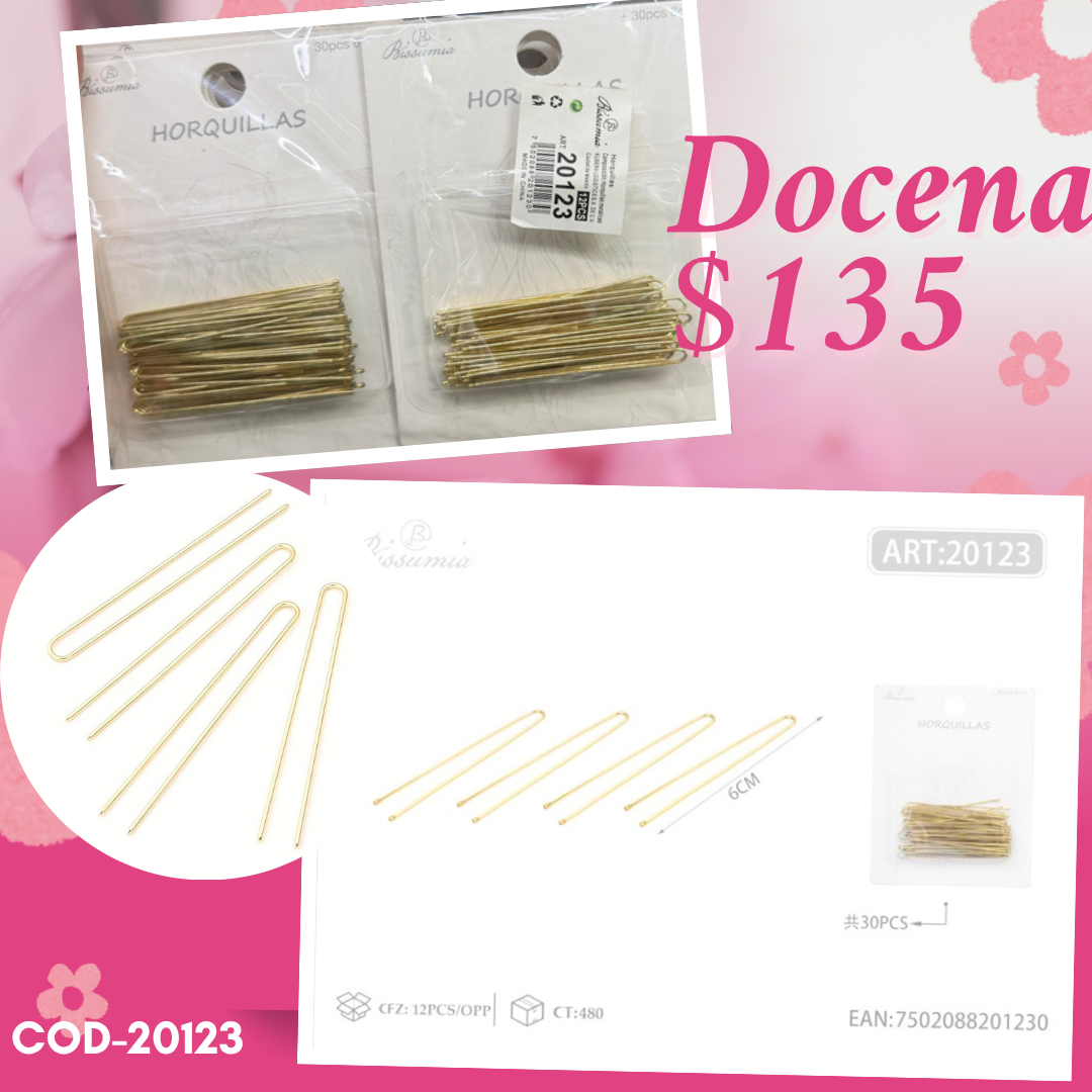 pasador liso dorado en sets, docena, codigo 20123
