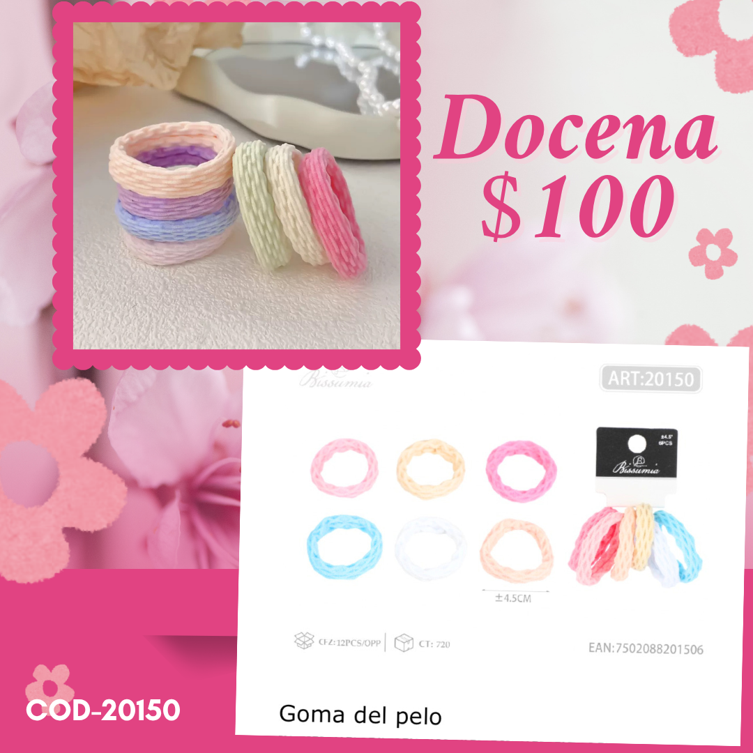 set de ligas con textura, en tonos rosas, docena, codigo 20150
