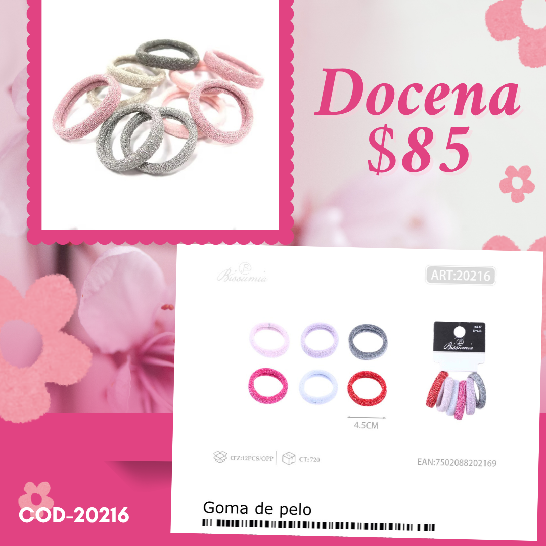 ligas en tonos rosas con brillos de 4.5 cm, 12 set, código 20216