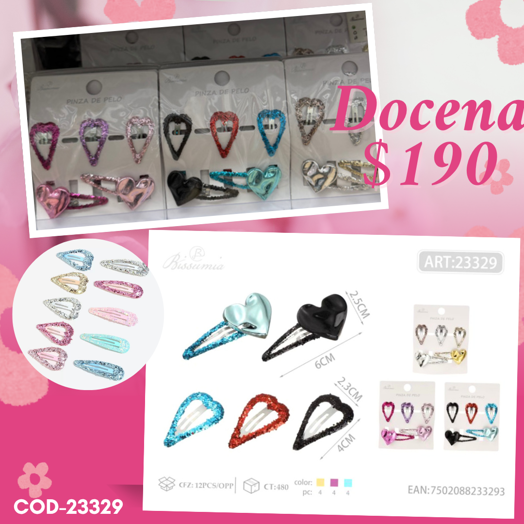 cucas de corazon con pasador de corazon, 12 sets, codigo 23329