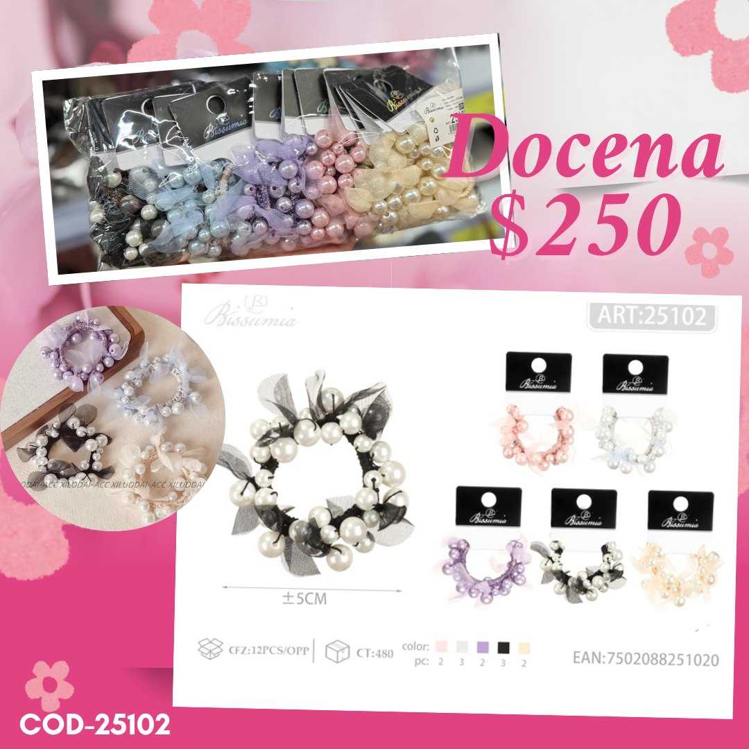 ligas de perla con tela, de colores, docena, codigo 25102