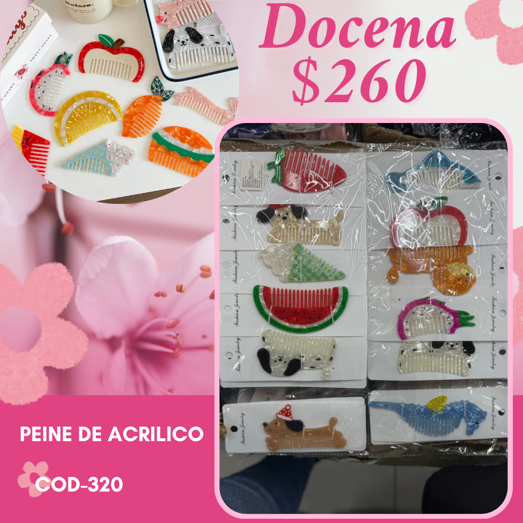 peines de acrilico de animales y frutas, docena, codigo a320
