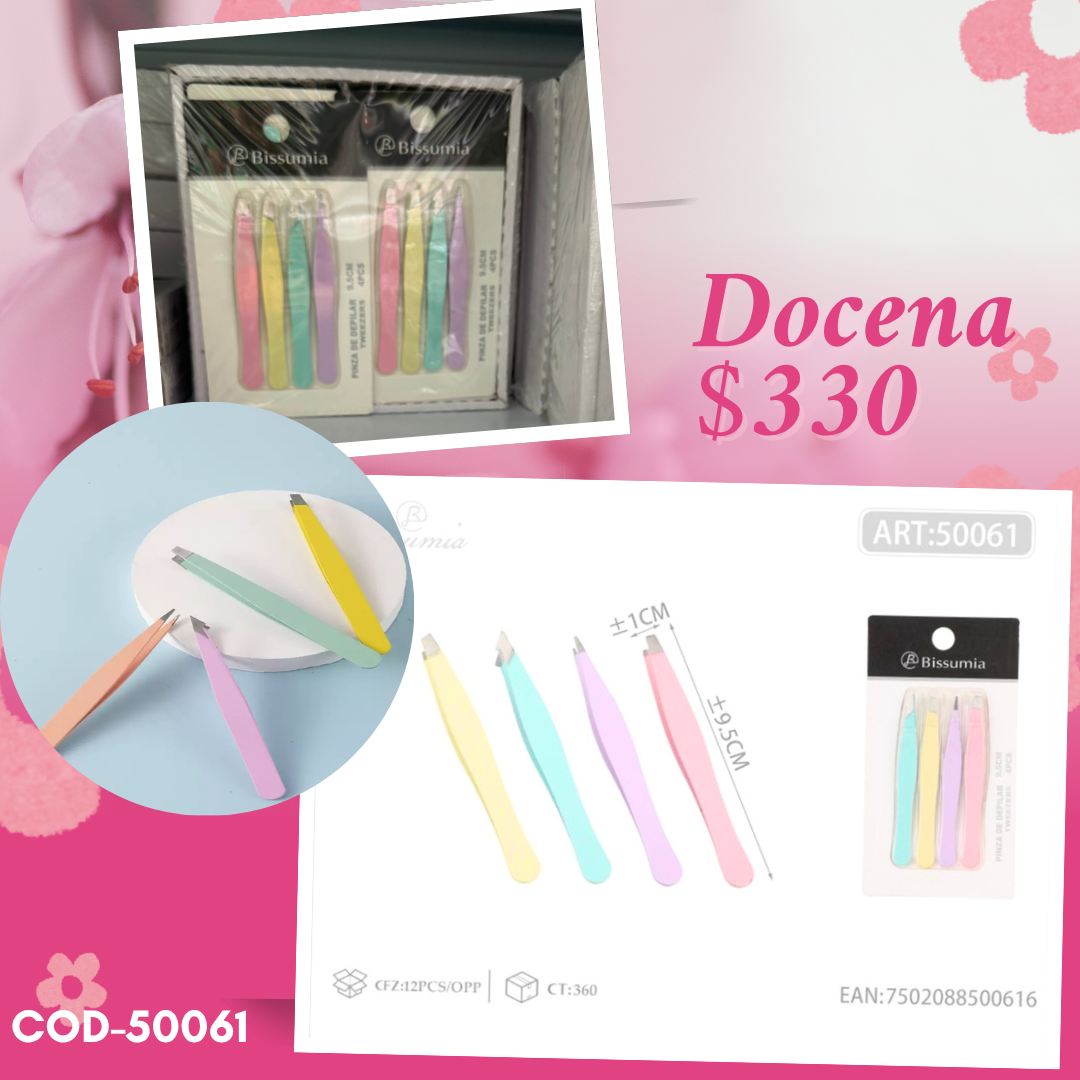 pinzas para cejas de colores de 9.5 cm, 12 sets, codigo 50061