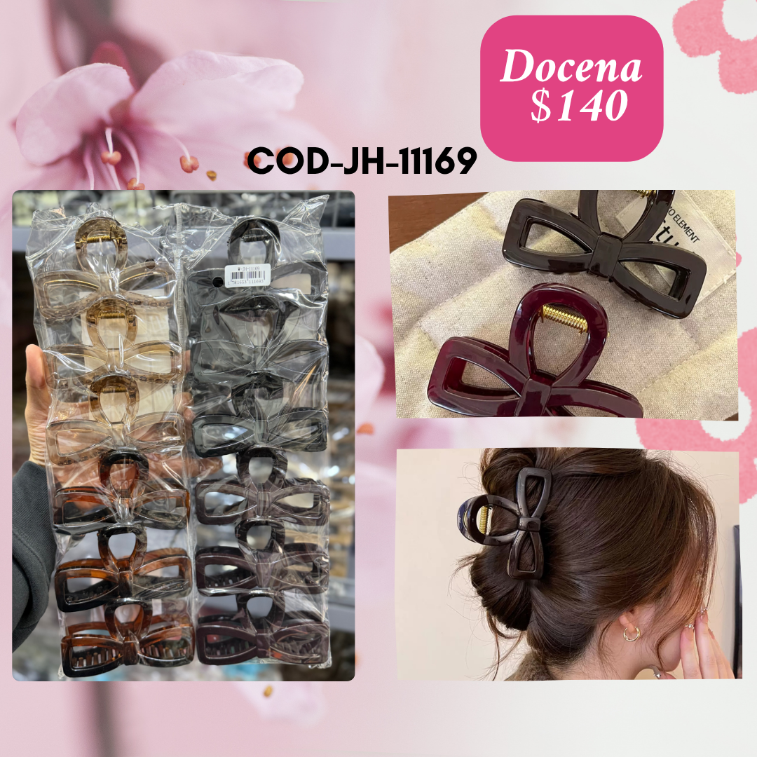 pinza moñito en tonos obscuros y transparentes, docena, codigo jh-11169