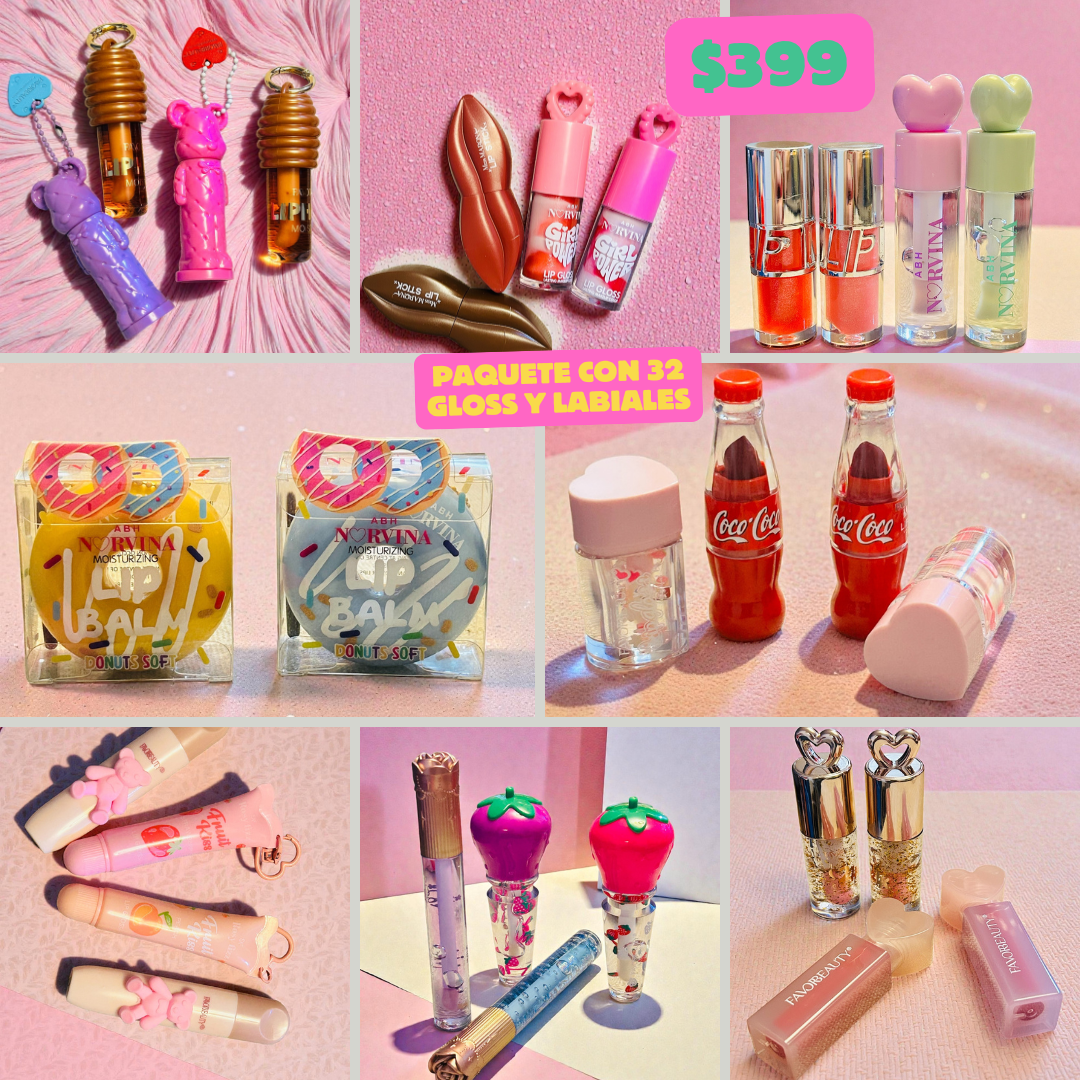 paquete con 30 gloss diferentes, 15 modelos diferentes, codigo a235
