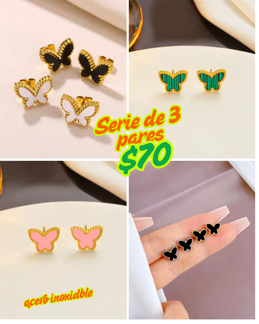 Arete mariposa acero inoxidable, serie de 3 pares