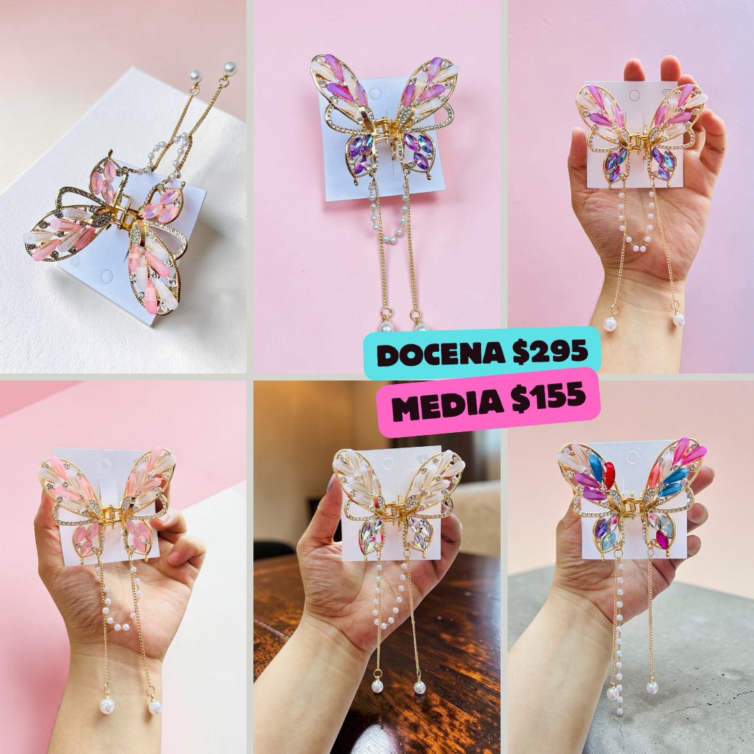 pinza de mariposa de metal con pidras, codigo a40bis