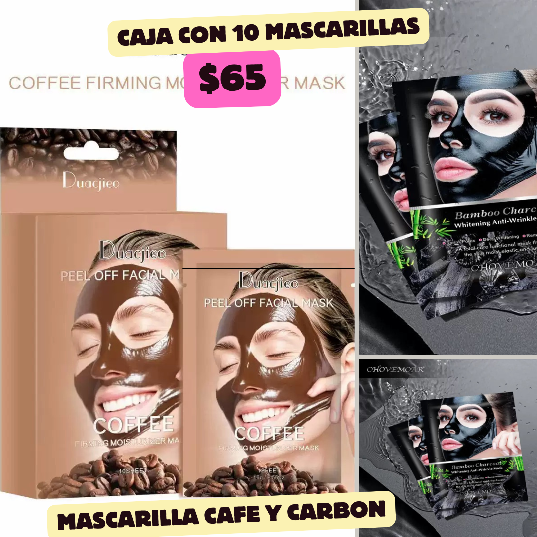 paquete de 10 mascarillas de carbon y cafe , codigo a23