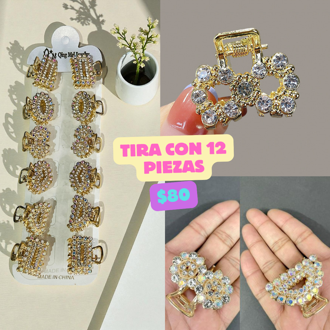 mini pinza metal, y piedras, tira con 12 piezas, codigo a705