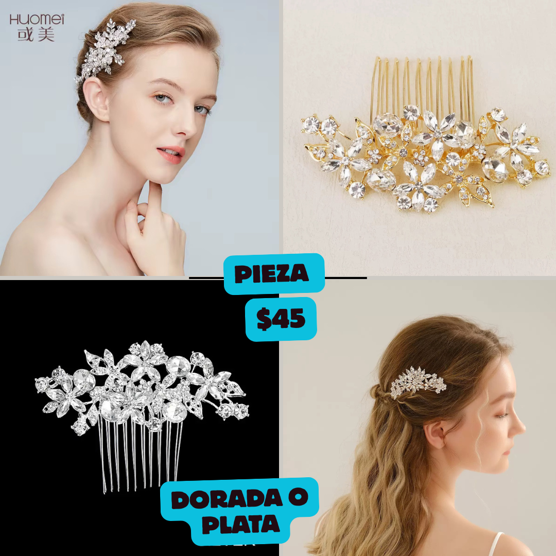 peineta de pedrería, dorada o plata, codigo a300