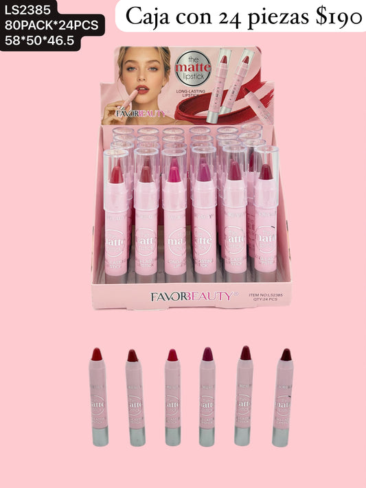 Labial matte en forma de lapiz, caja con 24 piezas, codigo LS2385