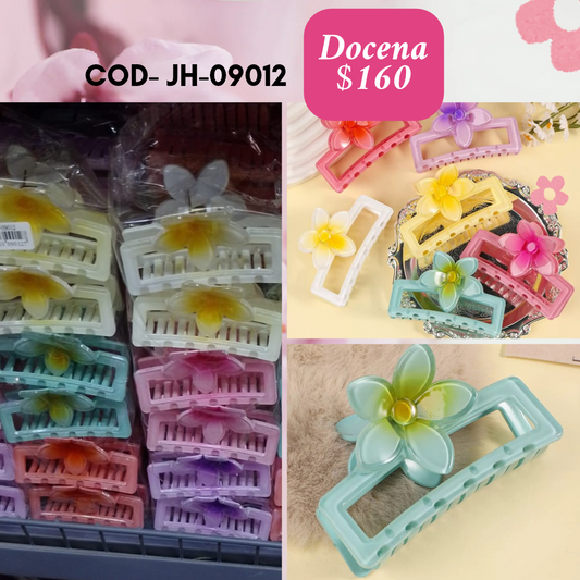 Pinza rectangulo con flores de colores, docena, codigo JH-09012