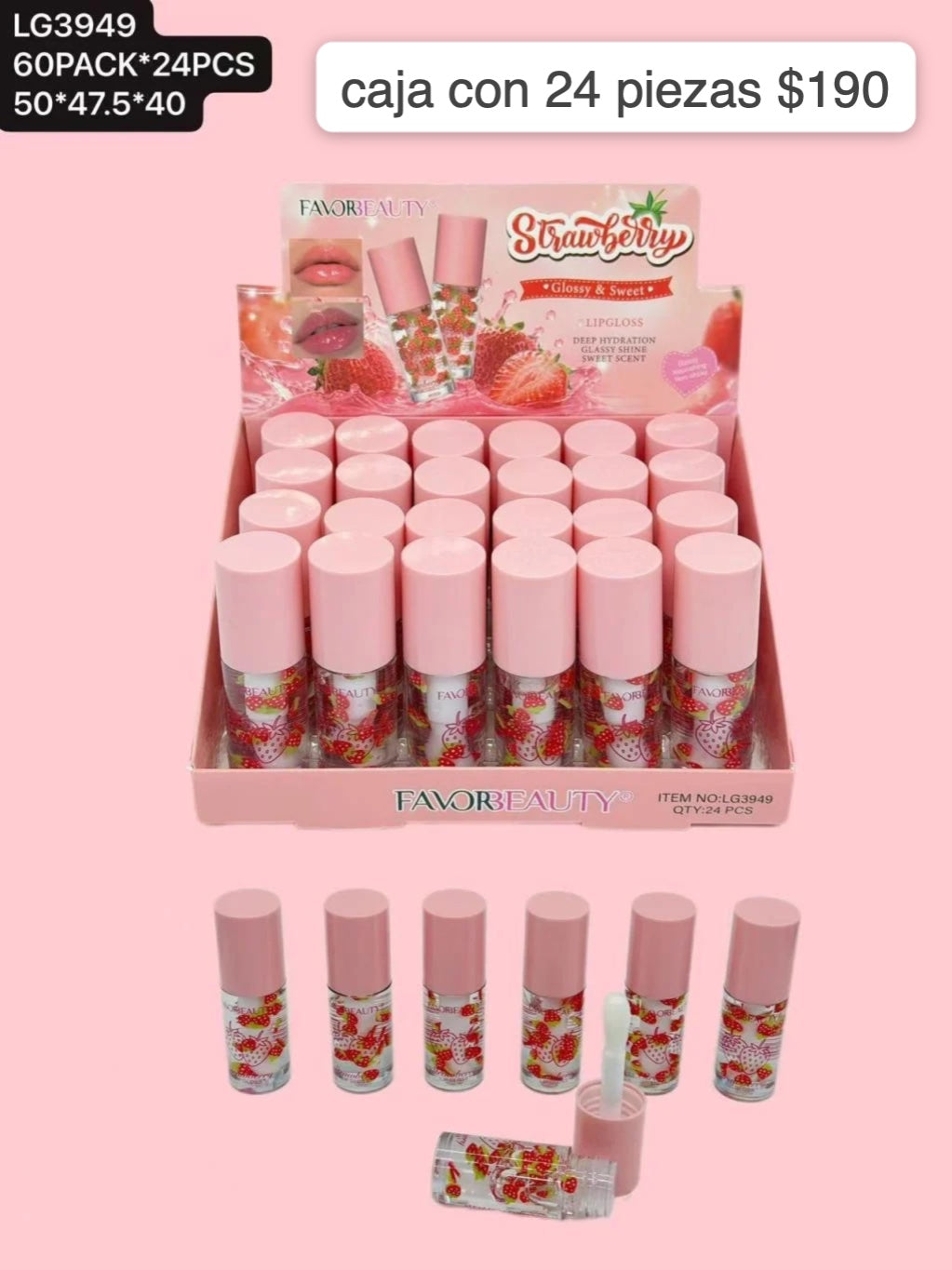 gloss transparente de fresas, caja con 24 piezas, codigo lg3949
