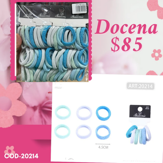 set de ligas azules con brillos de 4.5 cm, 12 sets, codigo 20214