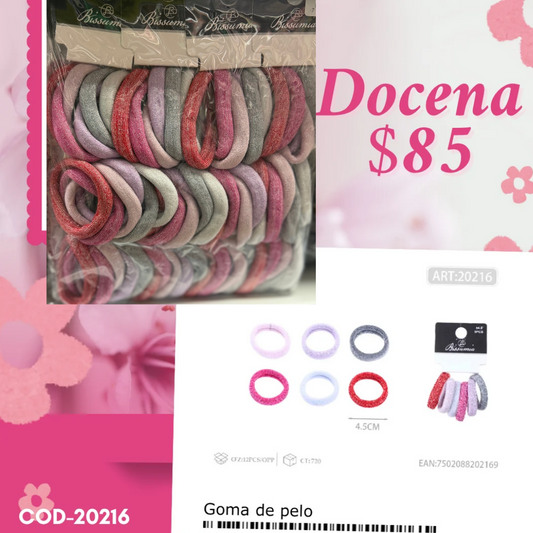 ligas en tonos rosas con brillos de 4.5 cm, 12 set, código 20216