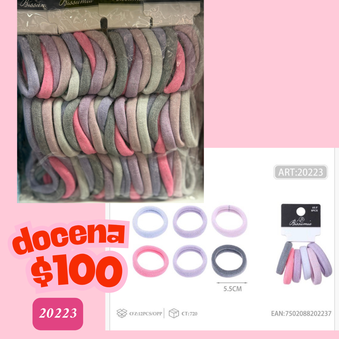 ligas en tonos rosas y grises , de 5.5 cm de diametro, 12 sets, codigo 20223