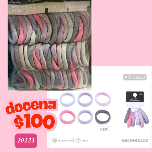 ligas en tonos rosas y grises , de 5.5 cm de diametro, 12 sets, codigo 20223