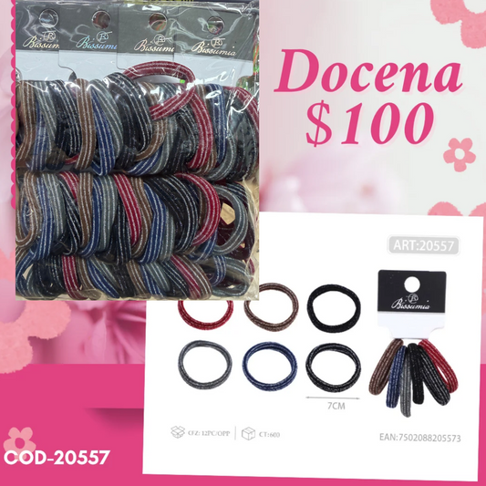 set de ligas de colores obscuros con brillos, liga de 7cm, codigo 20557
